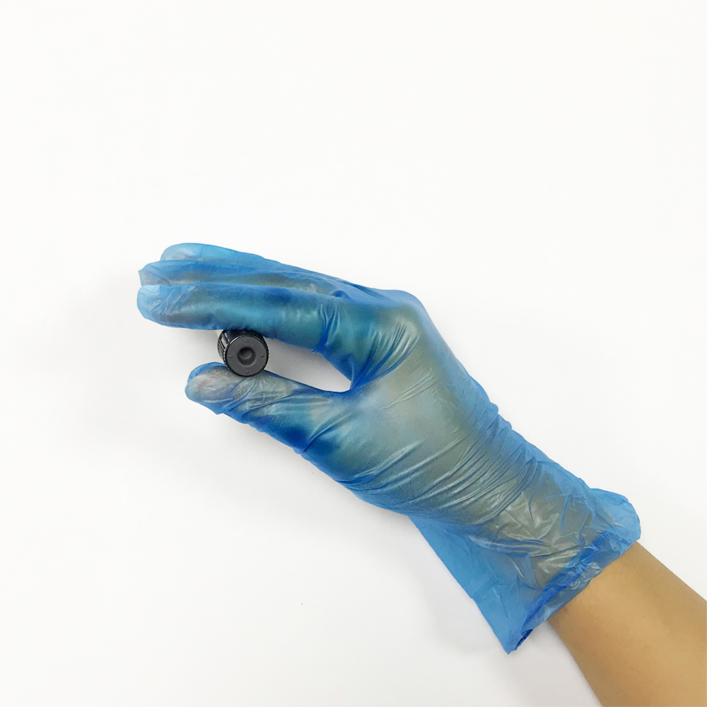 Guantes desechables sintéticos de vinilo pre-empolvado azul transparente